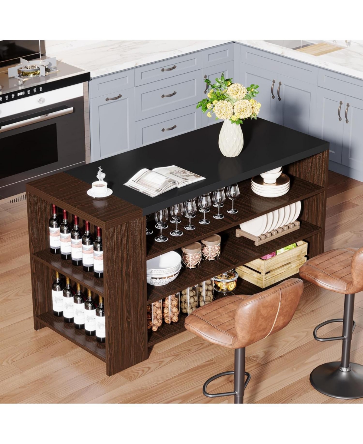 Tribesigns Kitchen Island with Storage, Farmhouse 5-Tier Stationary Island Table with 5 Shelves, Wood Coffee Bar Table Storage Cabinet with Large