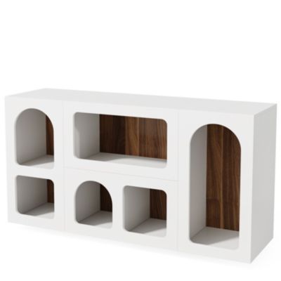 59" White Console Table, Modern Entryway Table, Wooden Storage Organizer Entrance Table with 6 Compartments, Long Sofa Table