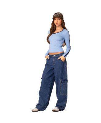 Womens Contrast V Neck Long Sleeve T Shirt