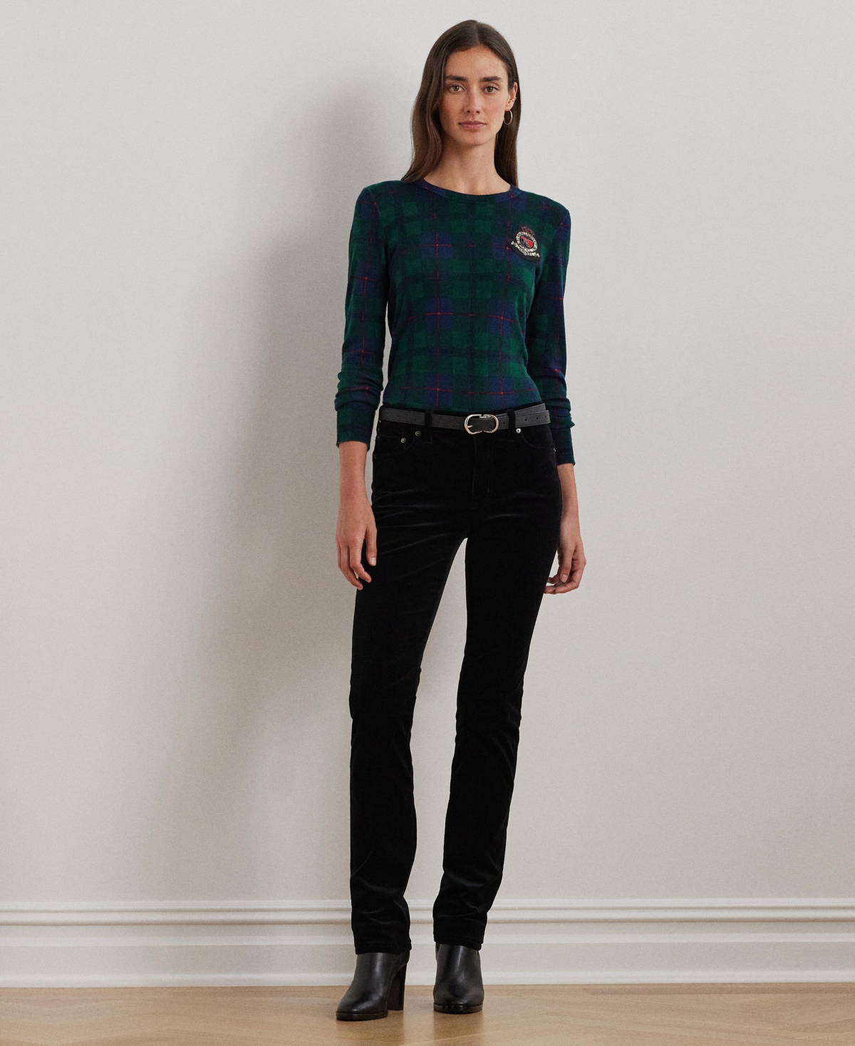 Lauren Ralph Lauren Women's Black Watch Plaid Beaded-Crest Sweater, Regular & Petite