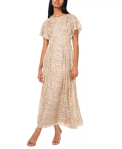 the rose metallic-print flutter-sleeve maxi dress