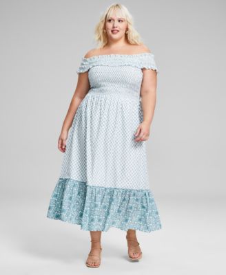 And Now This - Trendy Plus Size Cotton Off-The-Shoulder Smocked Dress