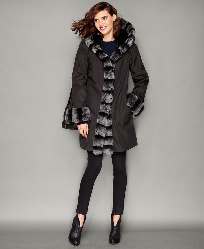 The Fur Vault Rabbit-Fur-Trim Hooded Reversible Coat - Macy's