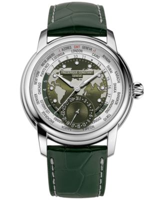 Frederique Constant - Men's Swiss Automatic Classic Worldtimer Manufacture Green Leather Strap Watch 42mm