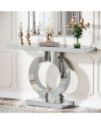 Mirrored Console Table with O-Shaped Base, 43-Inch Modern Entryway Table Glass Sofa Table with Mirror Finish, Rectangle Narrow Accent Foyer Table for Entrance Hallway Living Room, Silver