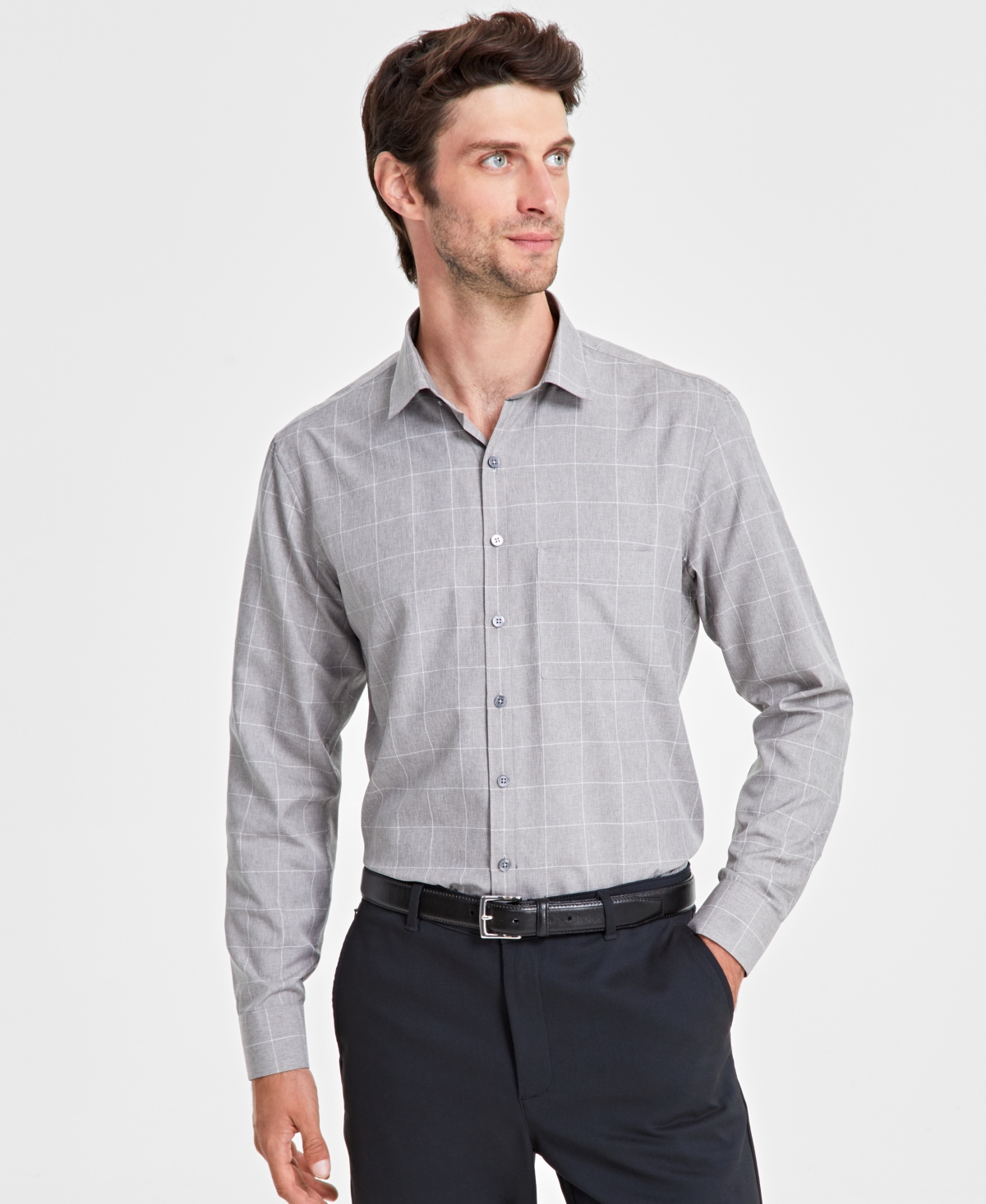 Men's Windowpane Shirt, Created for Macy's - Grey