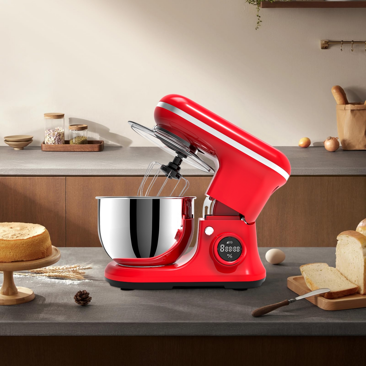 Sugift Digital Display Stand Kitchen Food Mixer 6 Speed with Egg Whisk, Dough Hook & Flat Beater