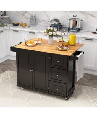 SUGUIFT Kitchen Island Trolley Cart Wood with Drop-Leaf Tabletop and Storage Cabinet