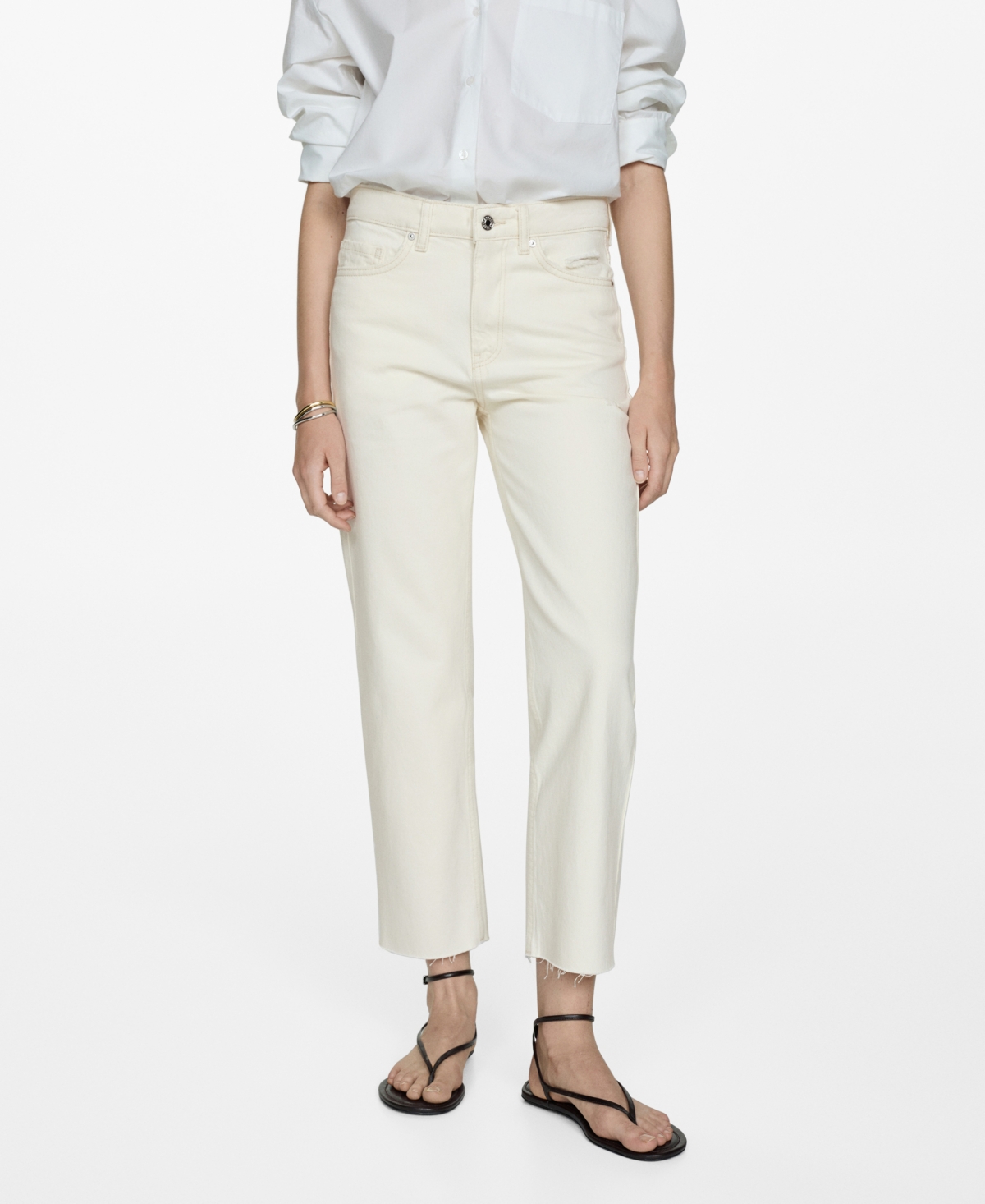 Mango Raw Hem Crop Straight Leg Jeans In Ecru
