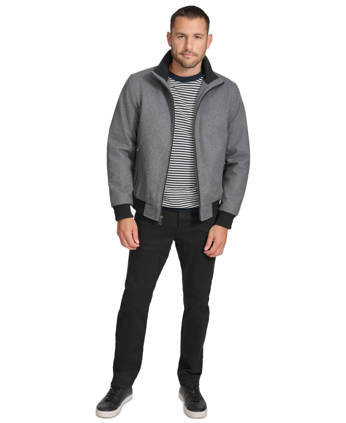 Men's Wool Bomber Jacket With Knit Trim - Black