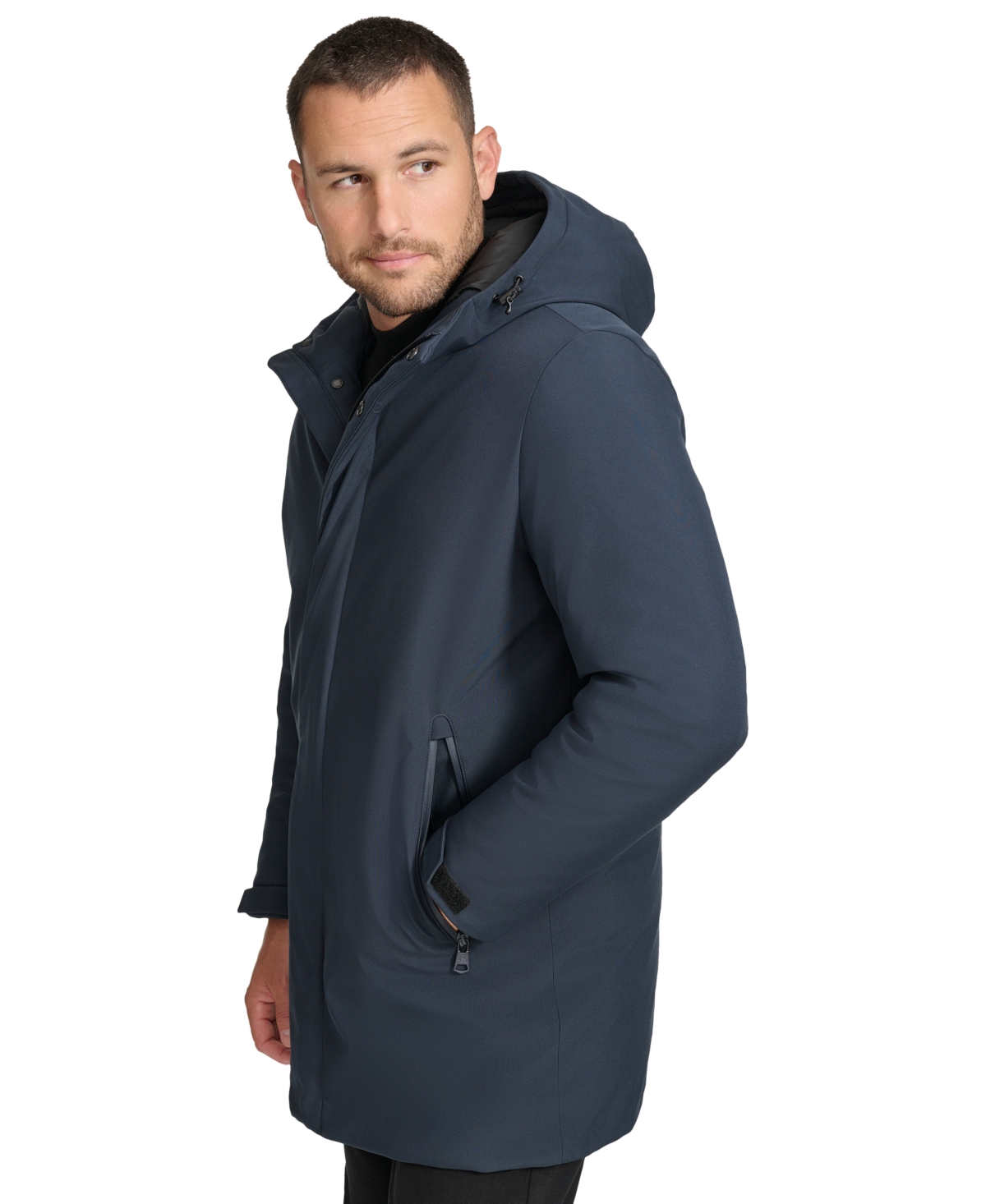 Shop Calvin Klein Men's Flextech Stretch Water-resistant Hooded Stadium Jacket In True Navy