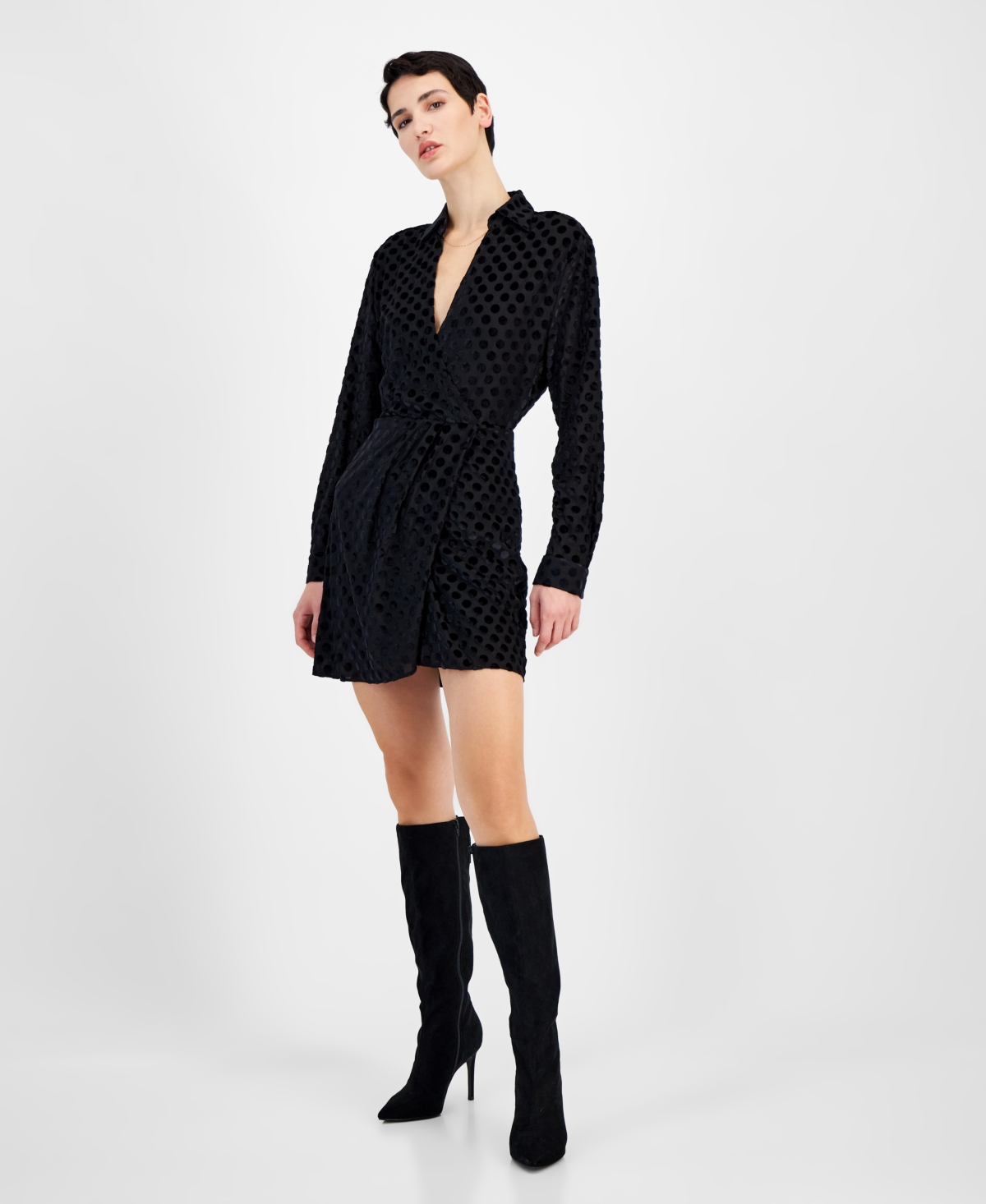 HUGO BOSS WOMEN'S TONAL DOTS SURPLICE FAUX-WRAP MINI DRESS 