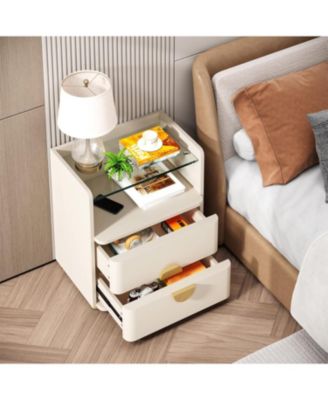 modern 2-drawer nightstands with open storage & gold metal legs, wood & tempered glass, bedside table