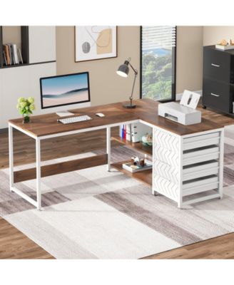 L Shaped Computer Desk with Storage Drawers, 59 inch Corner Desk with Shelves, Reversible L-Shaped Office Desk Study Writing Table Workstation for Home Office