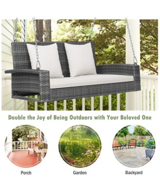 2-Person Patio PE Wicker Hanging Porch Swing Bench Chair Cushion 800lbs