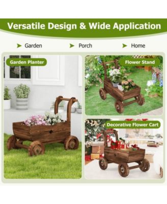 Decorative Wooden Wagon Cart with Handle Wheels and Drainage Hole
