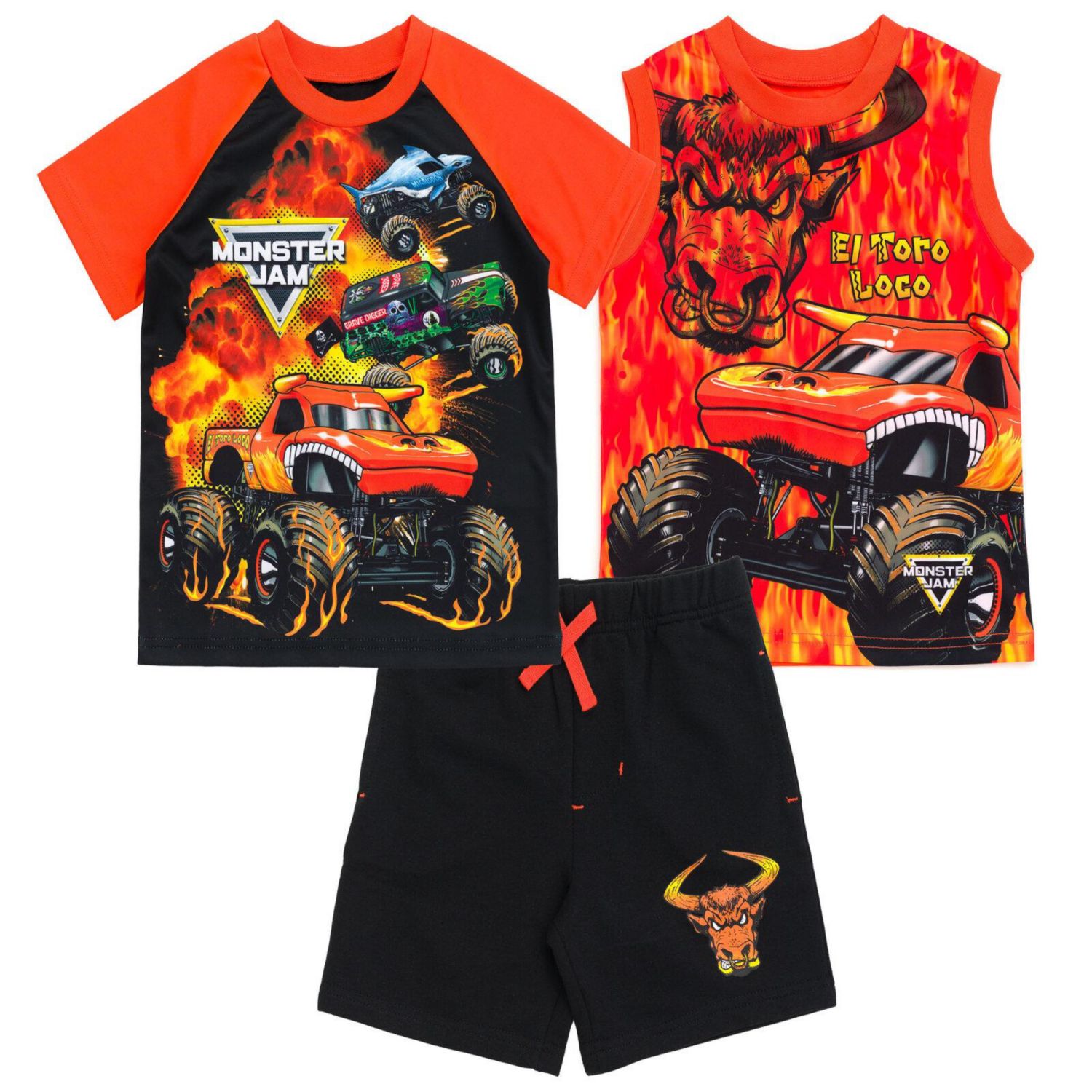 Boys (6 to 16)Grave Digger El Toro Loco Megalodon T-Shirt Tank Top and French Terry Shorts 3 Piece Set Toddler to Big Kid