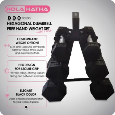 Hexagonal Dumbbell Free Hand Weight Set w/Rack, 5, 10, & 15 Lbs, Black
