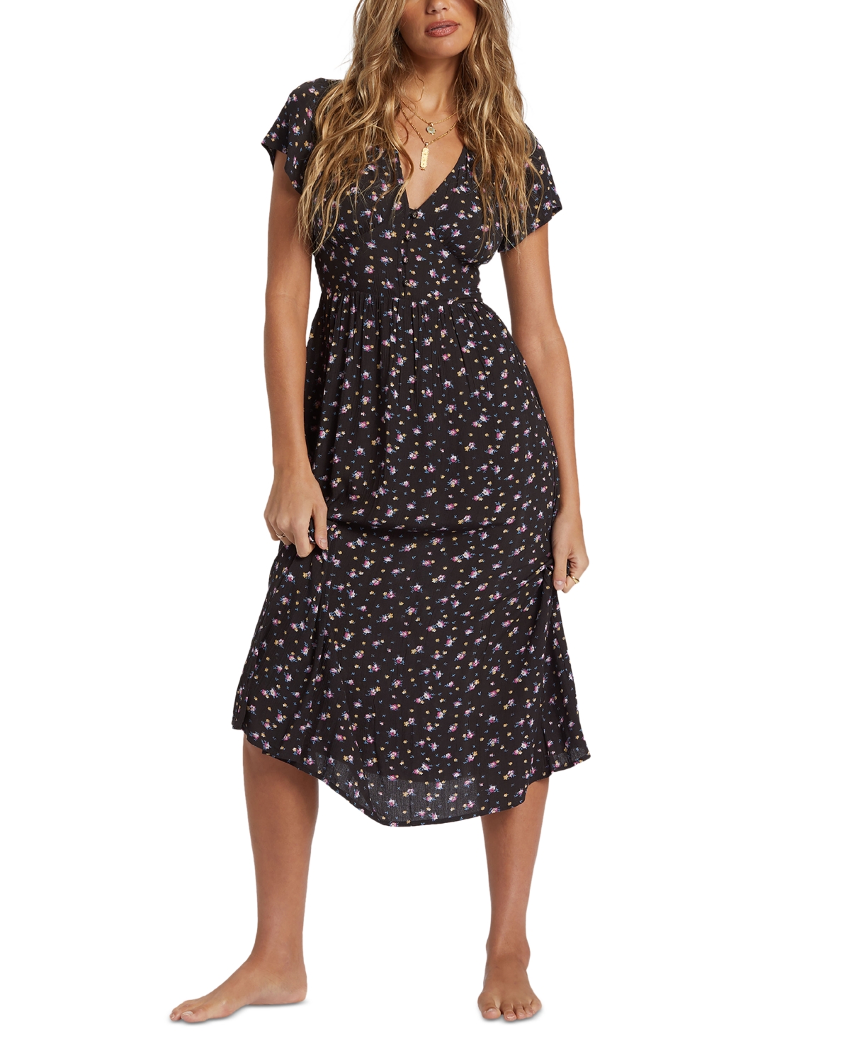 Billabong Morning Sky Floral Print Maxi Dress In Black Sands