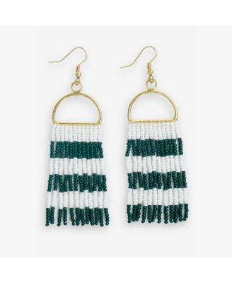 Allison Beaded Fringe Earrings - Dark Green and White