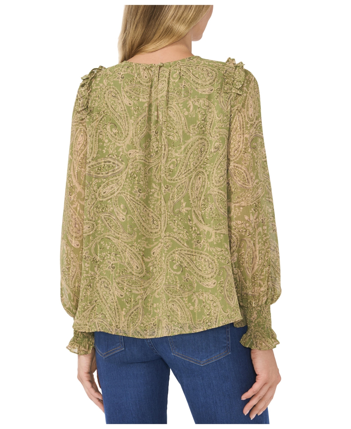 CeCe Women's Paisley Long Sleeve Gathered Neck Blouse with Ruffle Detail