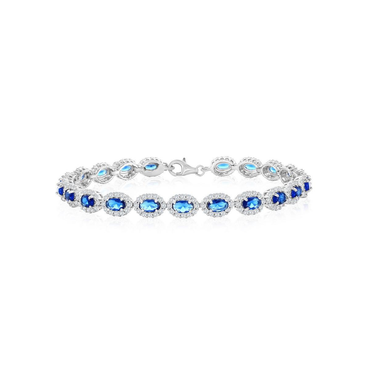 Sterling Silver, Oval Sapphire & White Cz Halo Bracelet - Sapphire