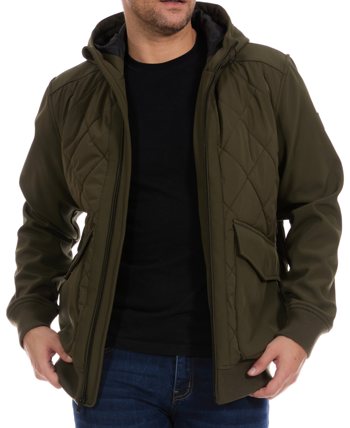 Perry Ellis Men's Diamond Quilted Hooded Softshell Bomber Jacket
