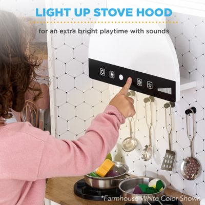 Pretend Play Corner Kitchen, Interactive Wooden Kids Set w/ Lights and Sounds