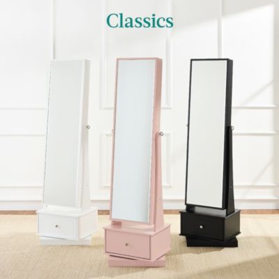 360 Swivel Standing Mirrored Jewelry Cabinet, LED-Lit Makeup Organizer w/ Mirror