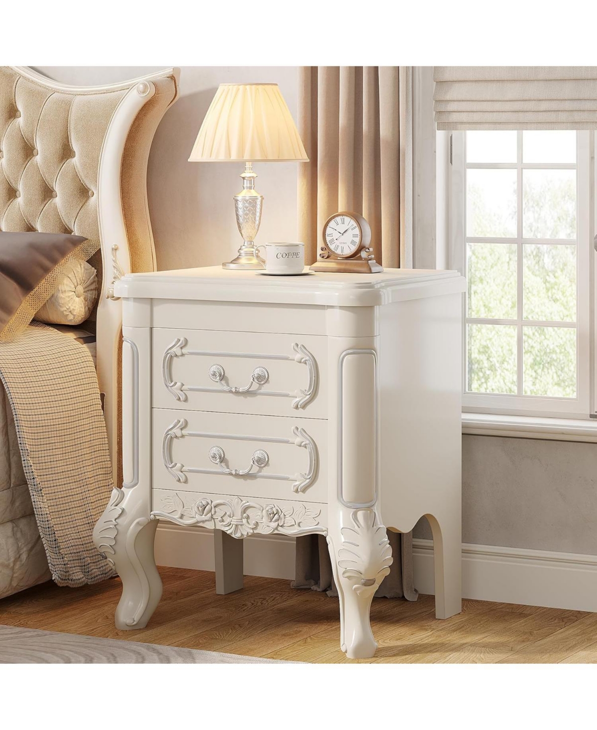 Tribesigns Nightstand, End Table with 2 Drawers, Carved Bedside Tables, Side Table for Bedroom, Living Room, Classic Bedroom Furniture, Night Stand