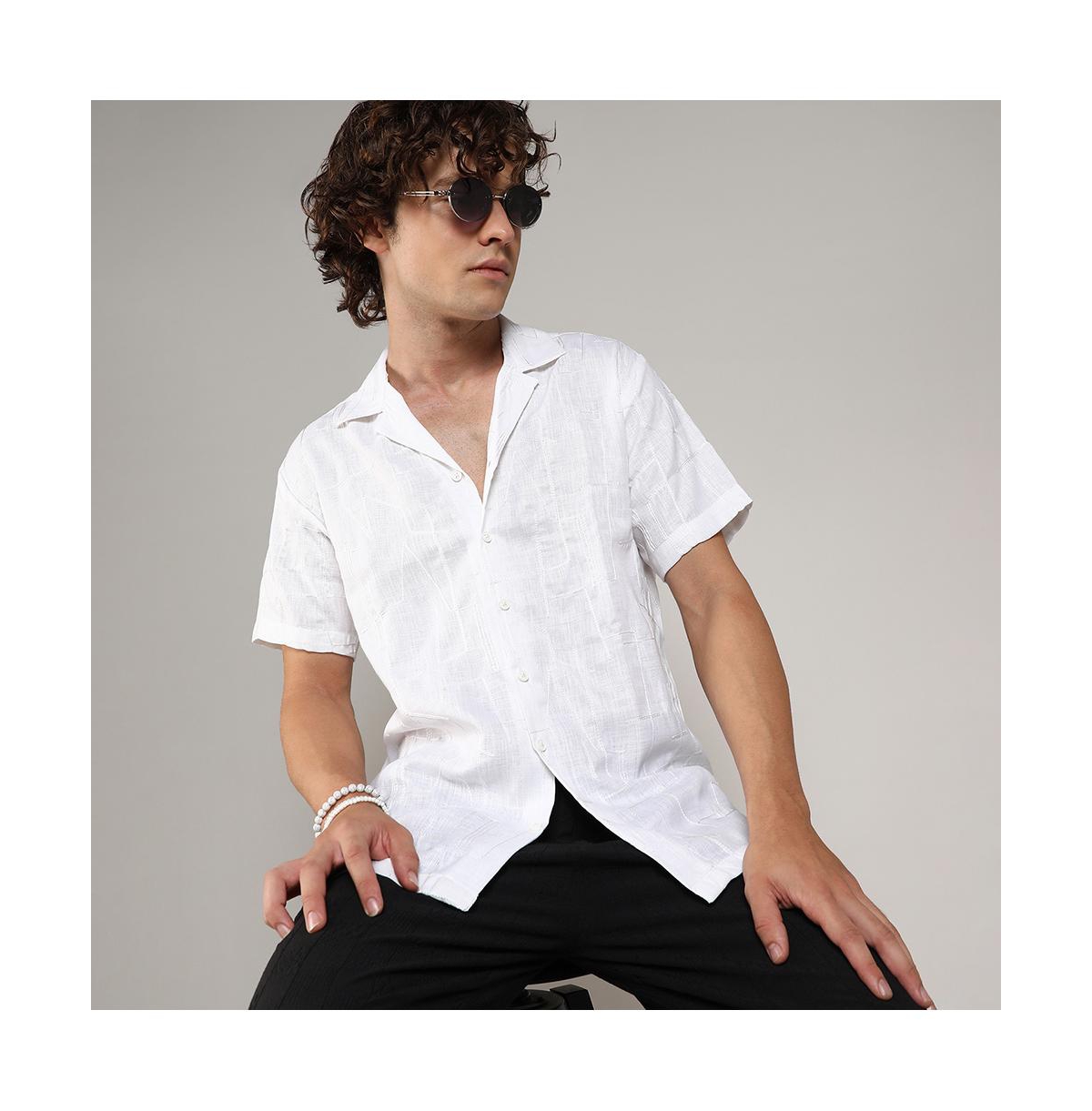 Campus Sutra Men's ChalkEmbroidered Heathered Shirt - White
