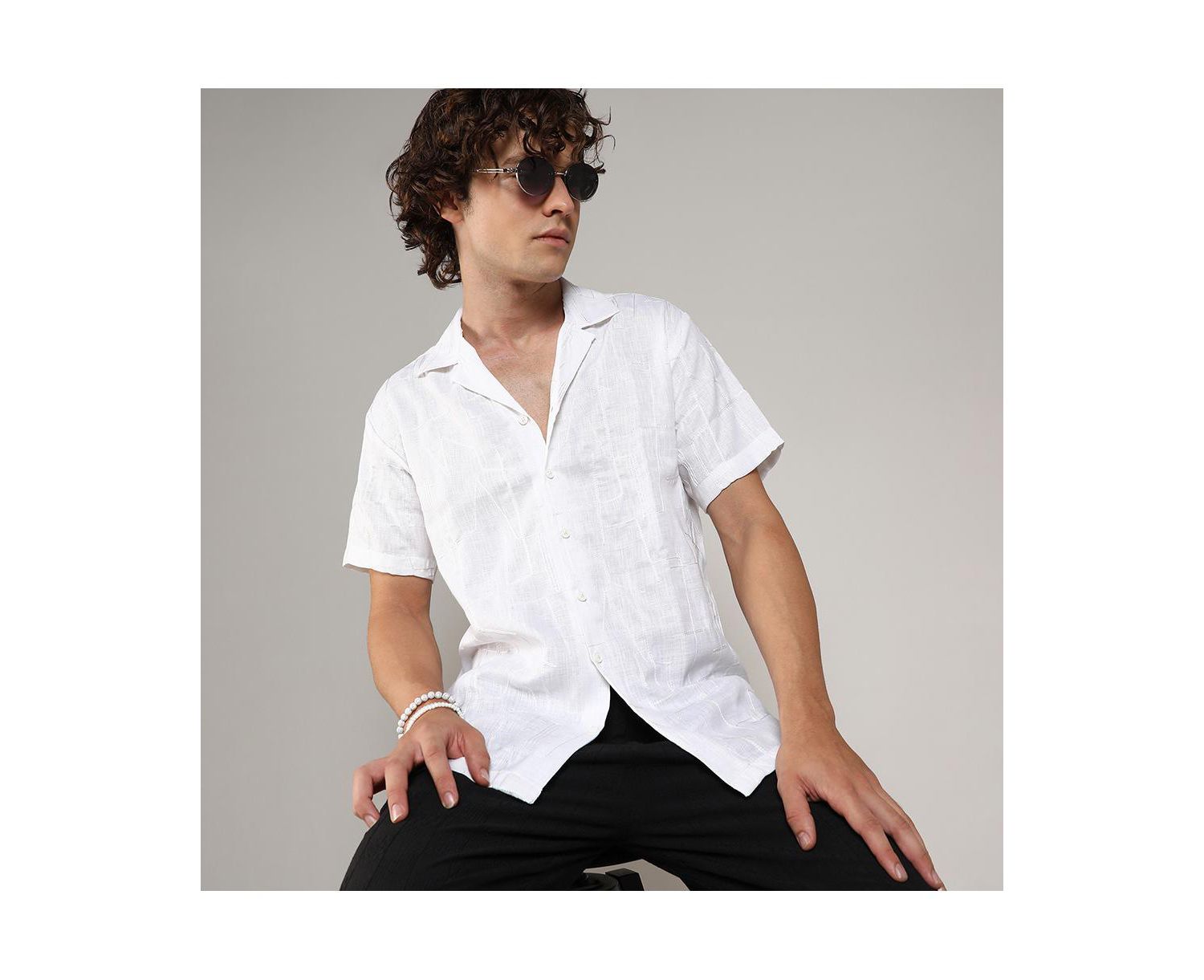 Men's Chalk White Embroidered Heathered Shirt
