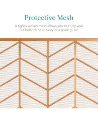 52x31in 3-Panel Iron Chevron Fireplace Screen, Spark Guard w/ Handles