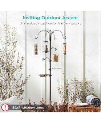 89in 6-Hook Bird Feeding Station, Steel Multi-Feeder Stand w/ 4 Feeders, Tray, Bird Bath