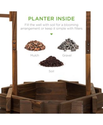 Rustic Wooden Wishing Well Planter Outdoor Home Decor for Patio, Garden, Yard w/ Hanging Bucket