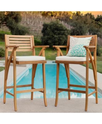 Set of 2 Outdoor Acacia Wood Bar Stools Bar Chairs w/ Weather-Resistant Cushions - Teak Finish