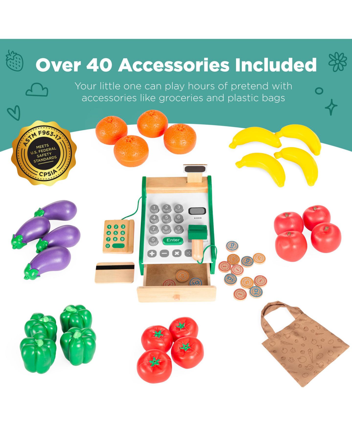 Детский игровой набор Best Choice Products Grocery Store Cash Register and Chalkboard 40+ Piece Playset, Ages 3+, цвет: Зелёный — фото 5
