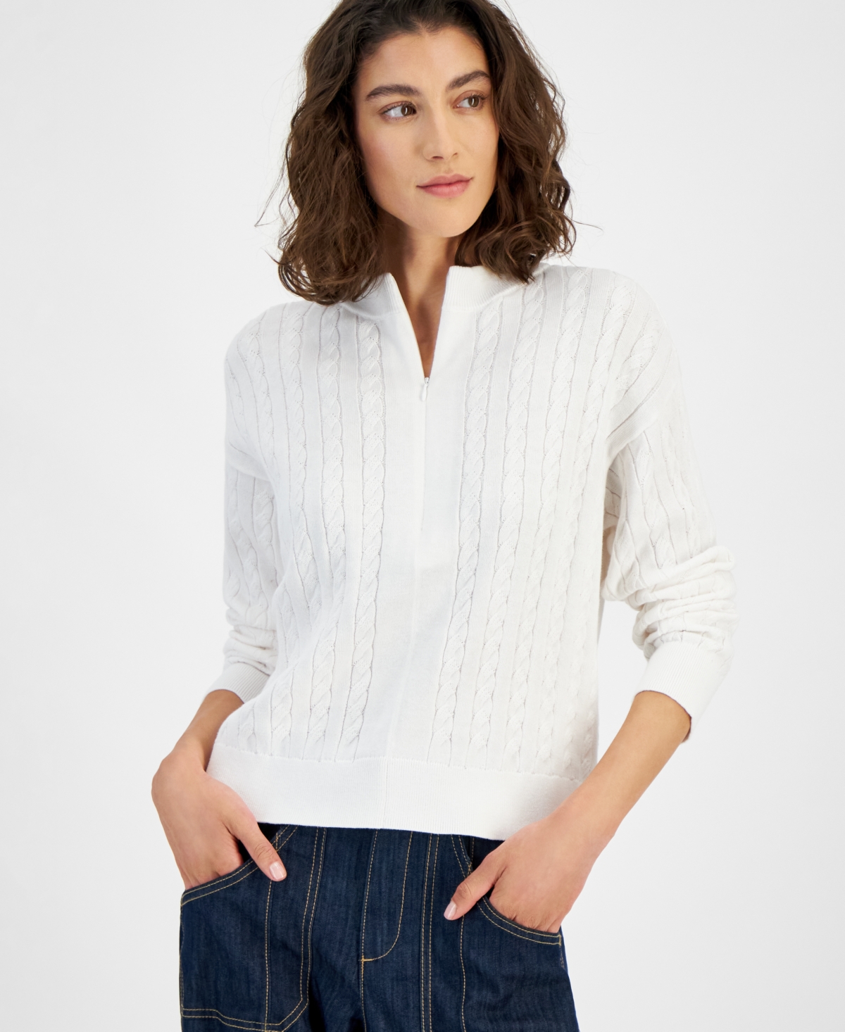 Women's Cable-Knit Quarter-Zip Sweater - White