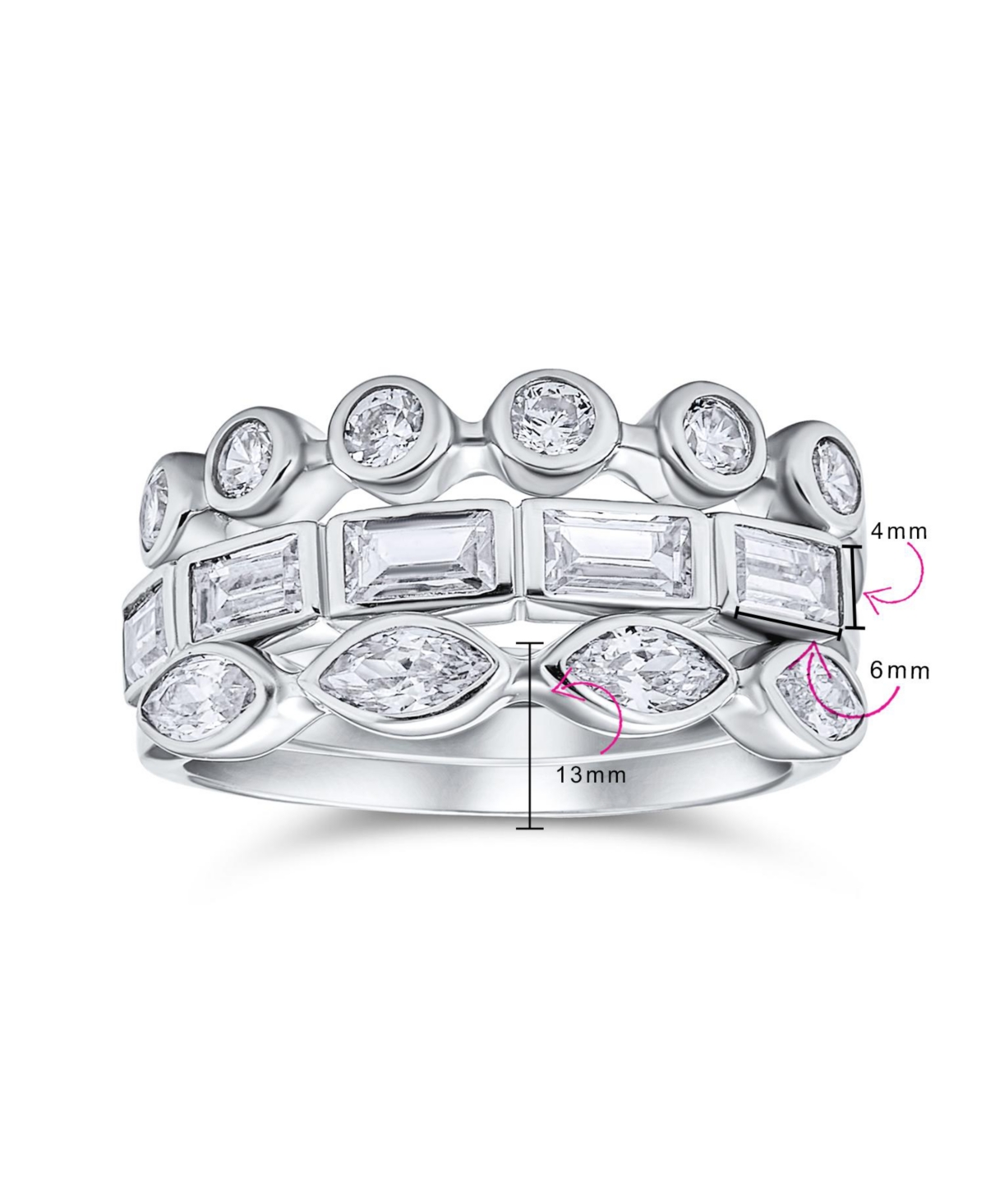 Bling Jewelry 3 Set Geometric Cubic Zirconia Baguette Marquise Round Cz Stackable Wedding Band Ring Set For Women .925 Sterling- Silver