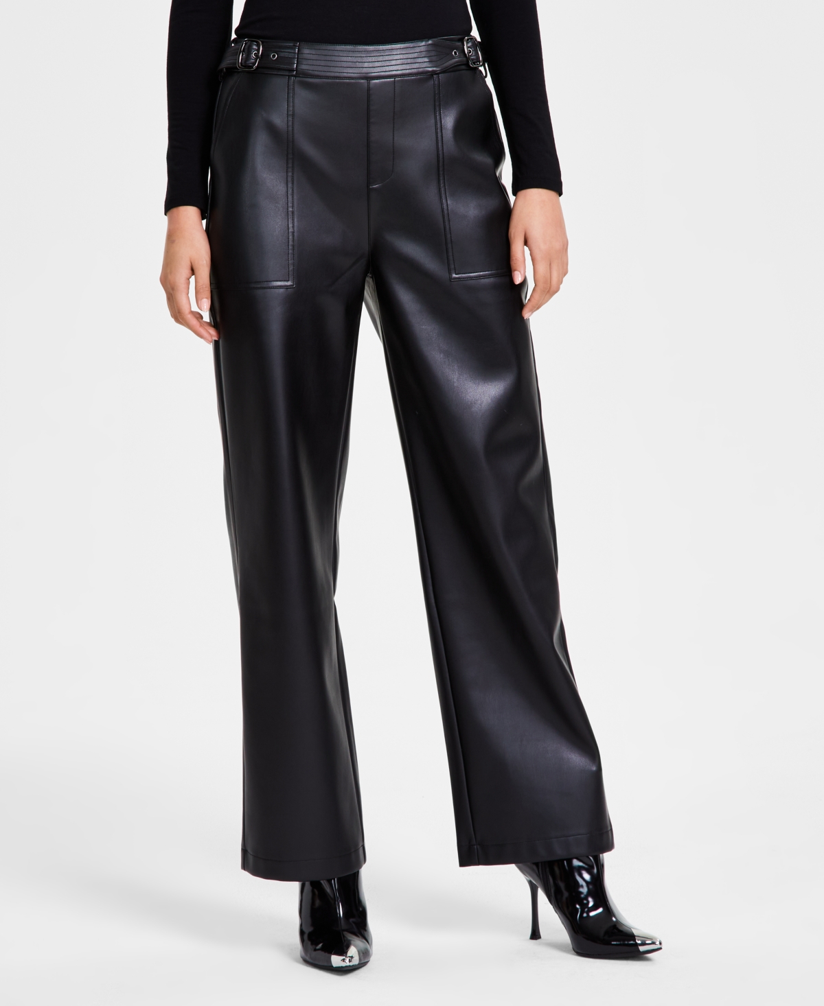 Bar Iii Women's Faux-leather Belt-waist Straight Pants, Created For Macy's In Deep Black