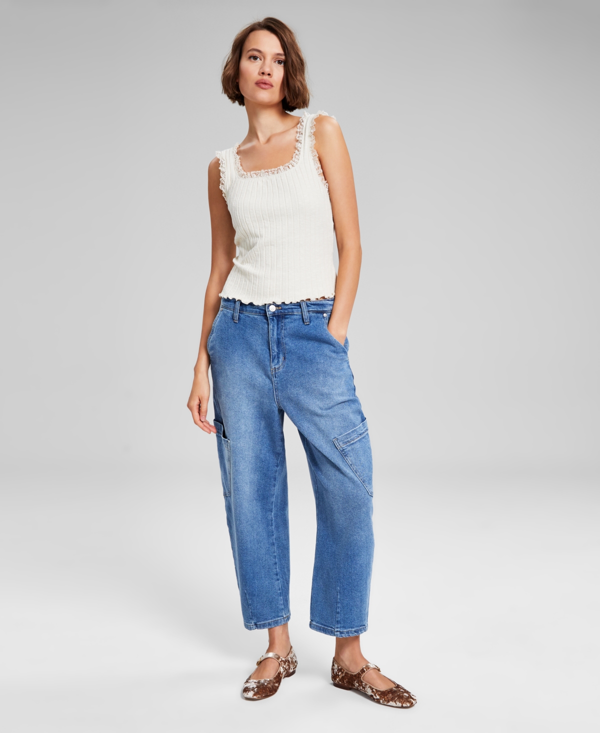 Shop And Now This Women's High-rise Barrel-leg Jeans, Created For Macy's In Medium Wash