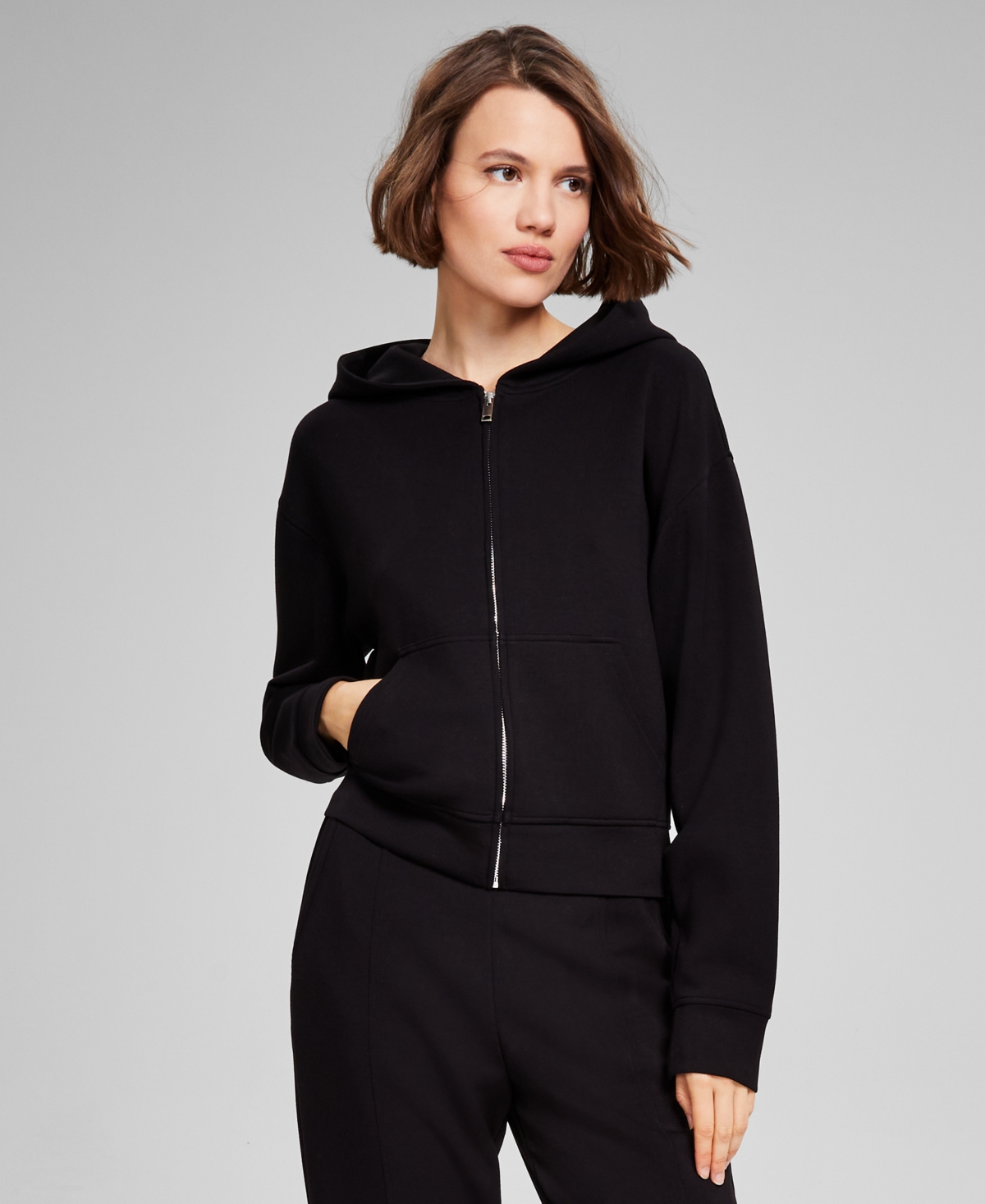 And Now This Women's Scuba Zip-front Hooded Sweatshirt, Created For Macy's In Black