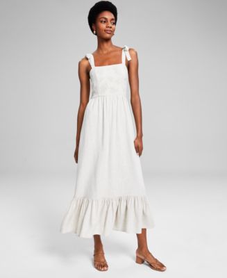 chinese dress ladies White Linen Maxi Dress with Pockets | Minimalist Square Neck main image 1