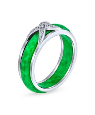Pave CZ Accent Criss Cross Cubic Zirconia X Kiss Dyed Green Jade Band Ring .925 Sterling Silver