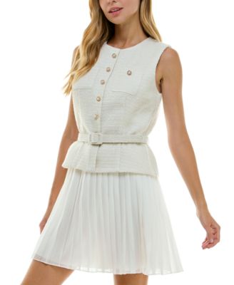 Juniors' Round-Neck Mixed-Media Belted Dress