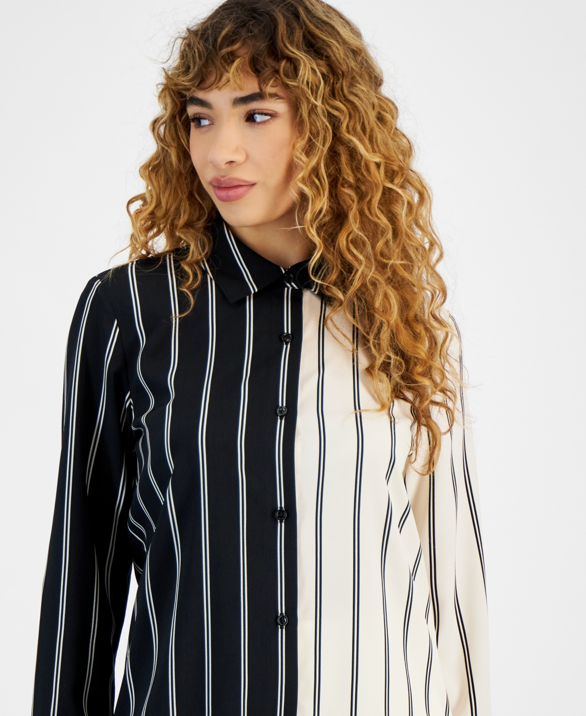 Bar Iii Women's Striped Button-Front Blouse, Created for Macy's -bar White