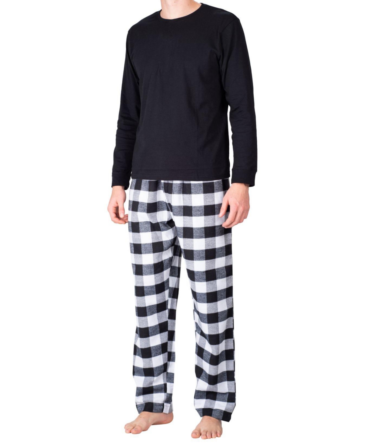 Men's Crew Neck Fleece Pajama Set - Black  White Buffalo Check