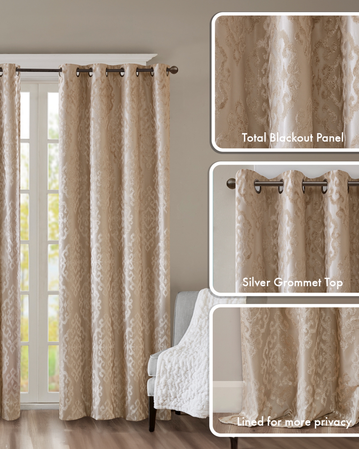 SunSmart Mirage Knitted Jacquard Damask Total blackout curtains for bedroom, Silver grommet top fit up to 1.25 inches rod Single Curtain Panel for Liv