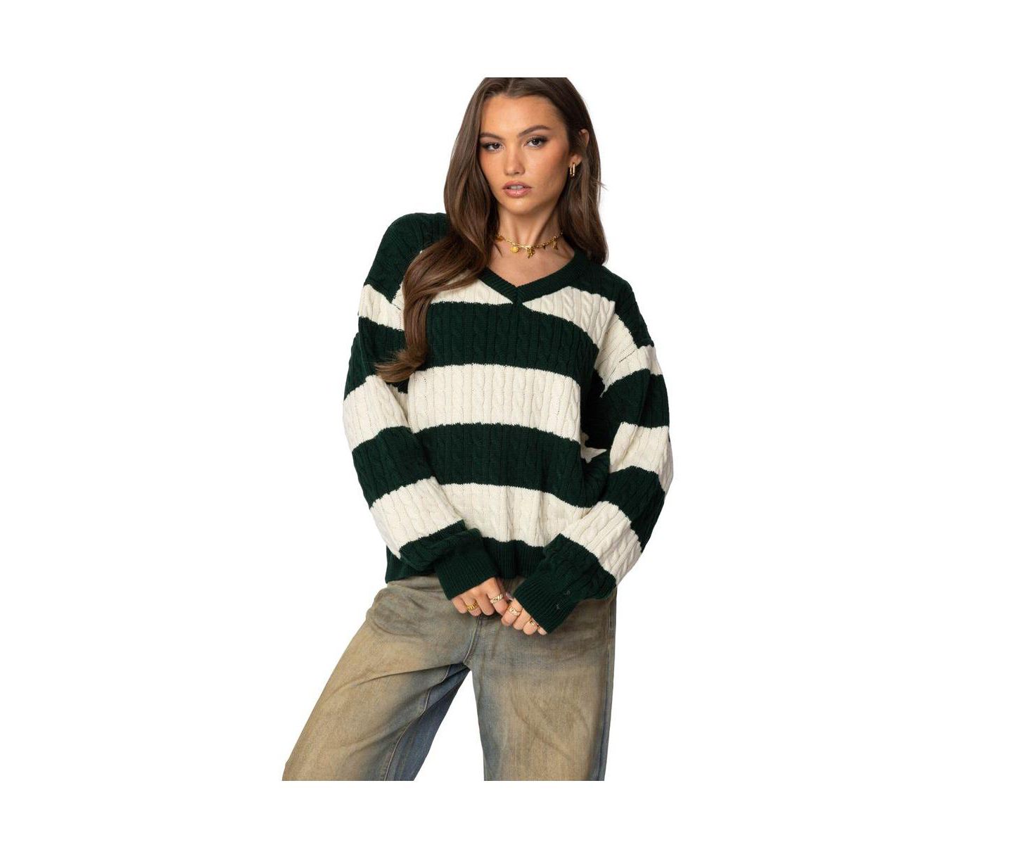 Женский свитер Edikted Oversized Striped Cable Knit, цвет: Зелёный — фото 1