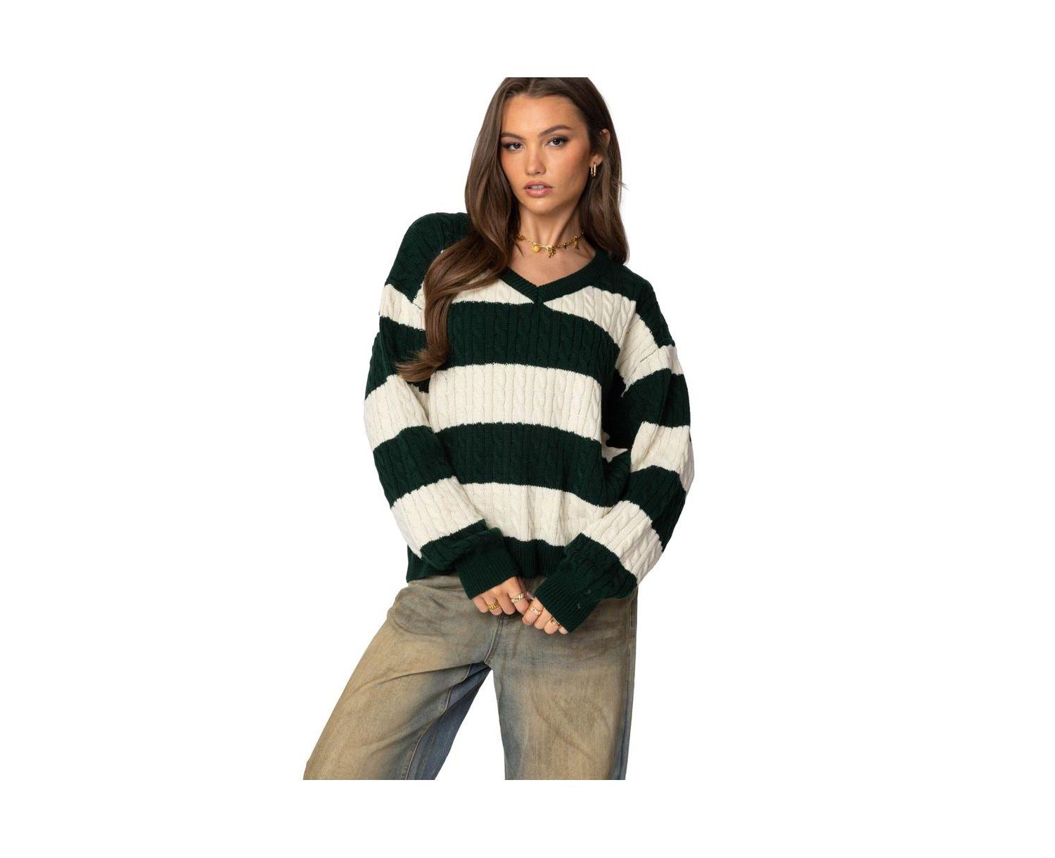 Women's Oversized Striped Cable Knit Sweater